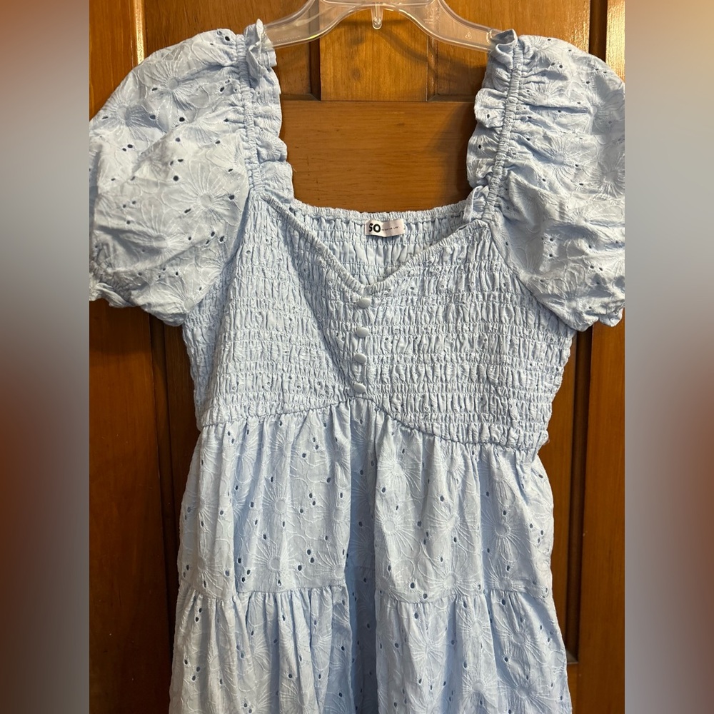 Beautiful blue SO Goods For Life eyelet sundress with puffed sleeves, Large